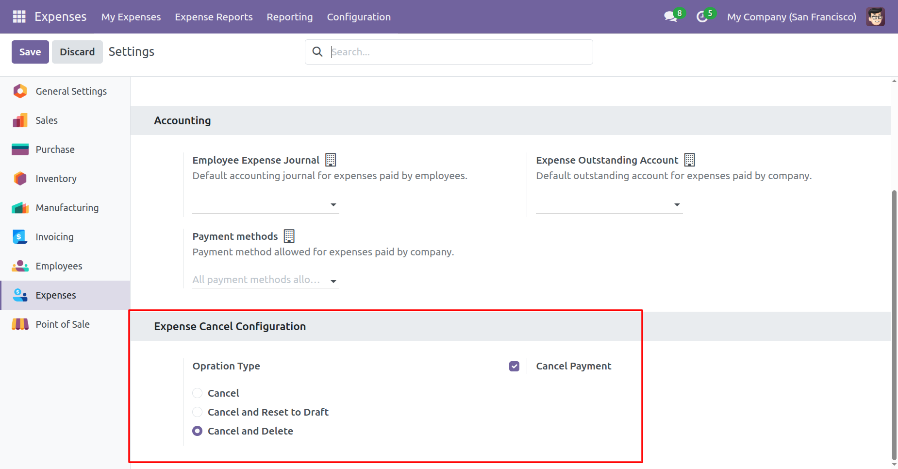 Expense cancellation and delete configuration