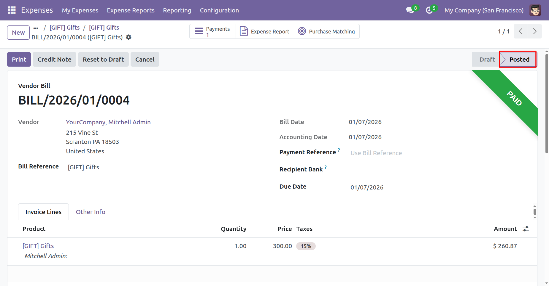 Posted vendor bill