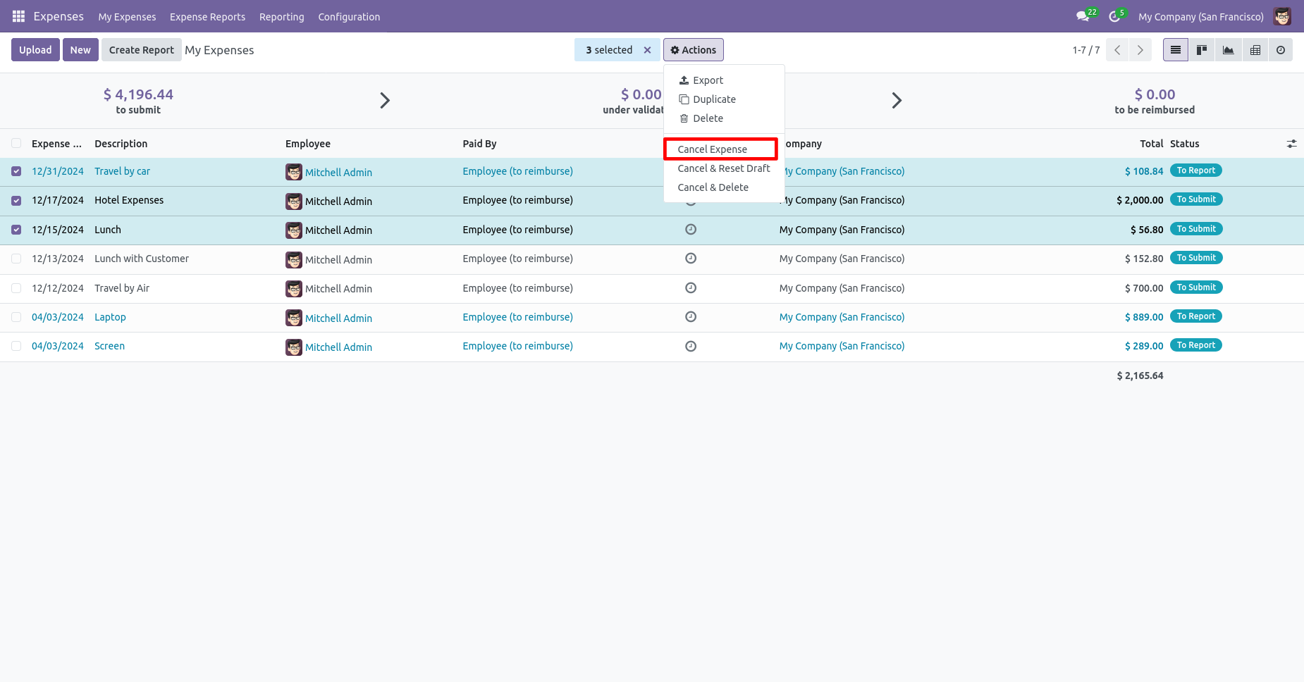 Cancel Expenses action for selected records