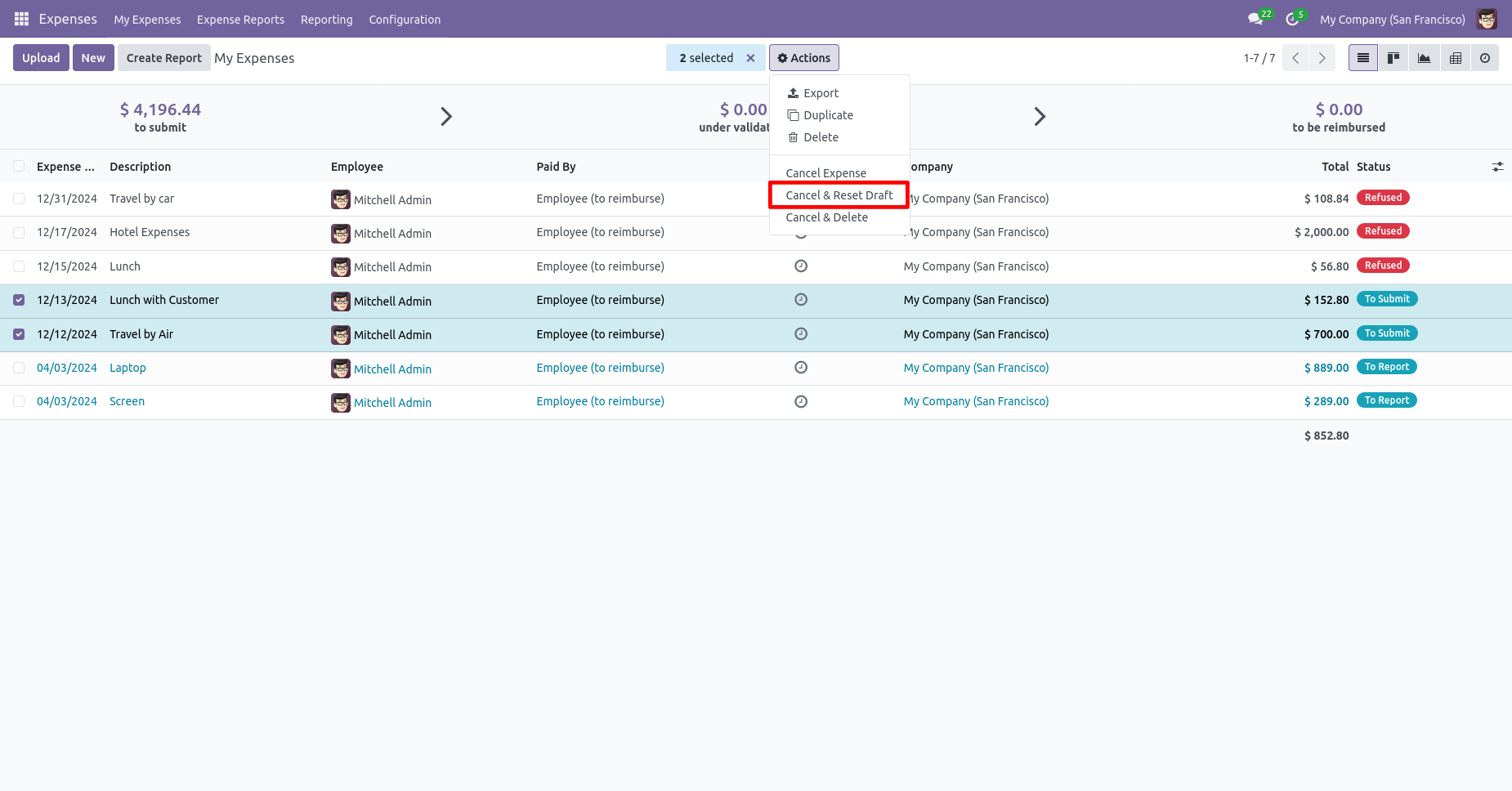 Multiple expenses selected to reset to draft