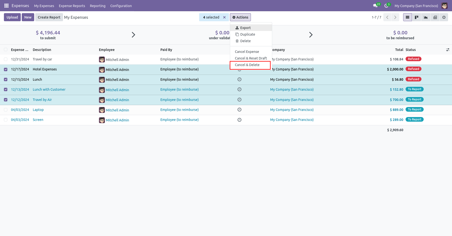 Cancel and delete multiple expenses