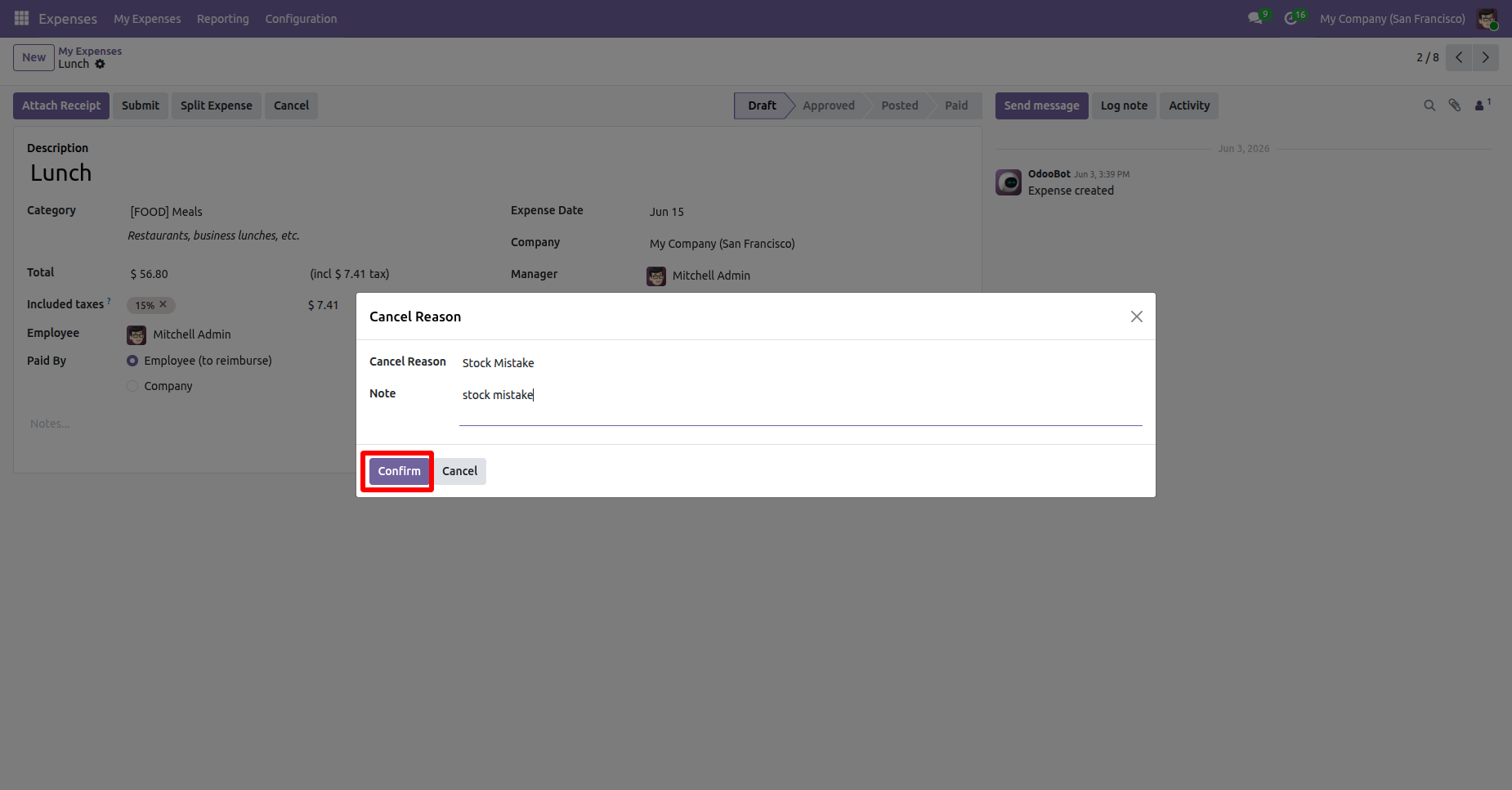 Expense cancellation reason wizard