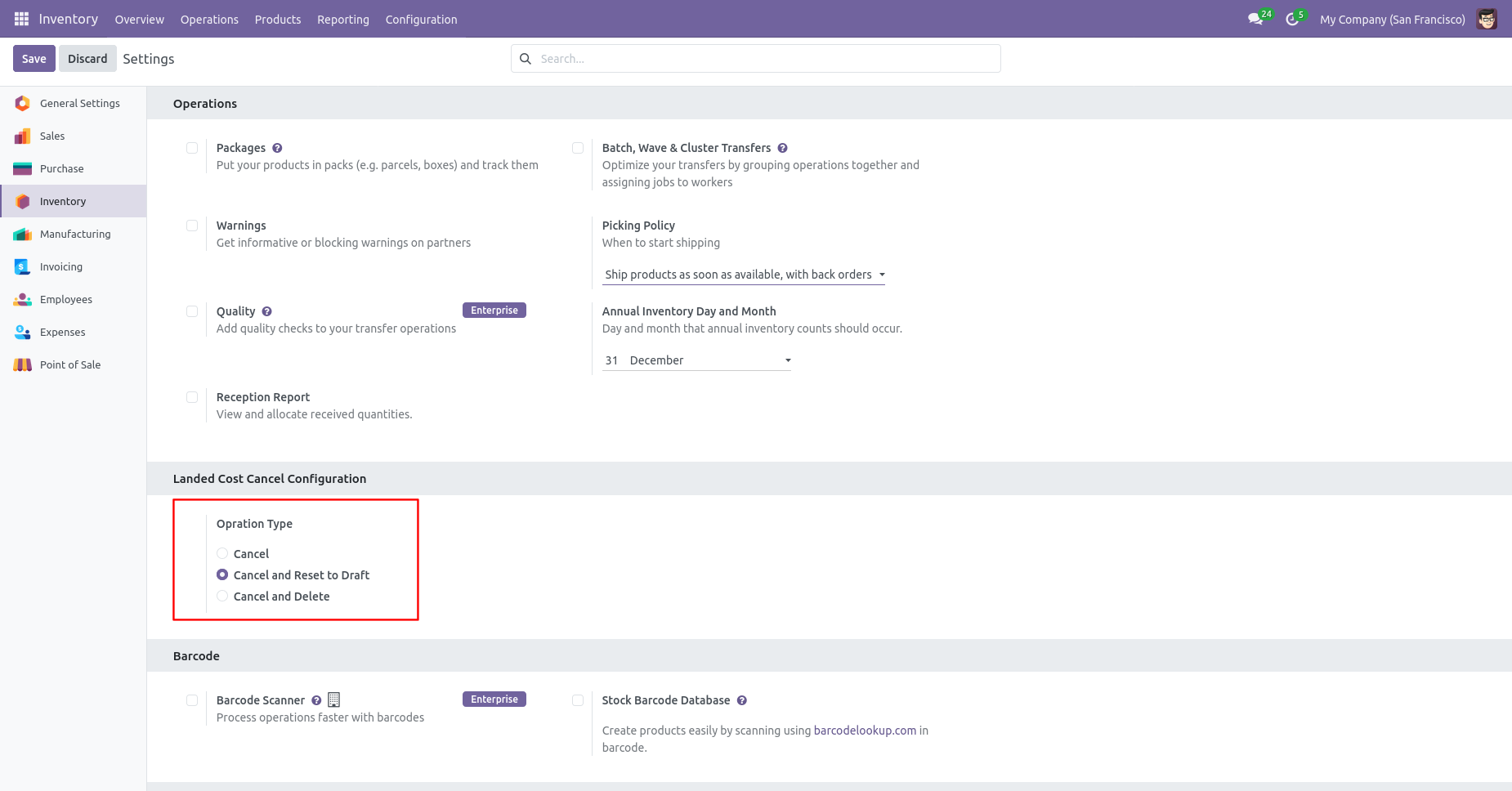 Landed cost cancellation and reset configuration