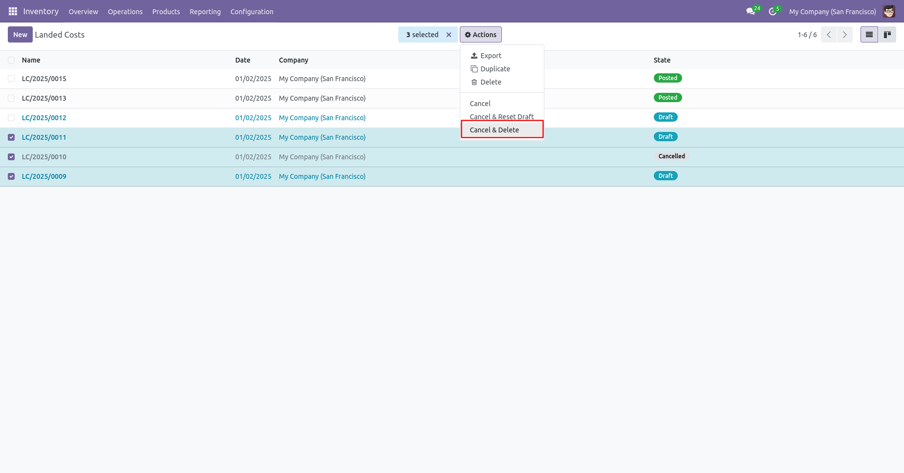 Cancel and delete multiple landed costs