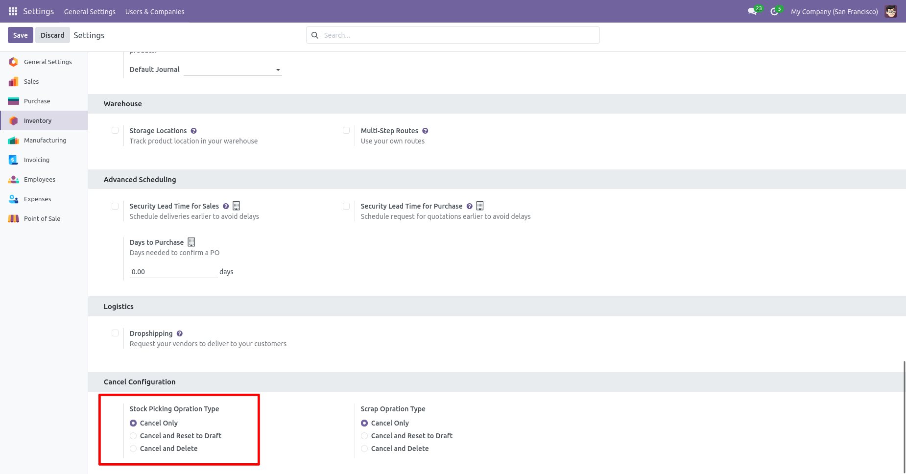 Inventory transfer cancellation configuration