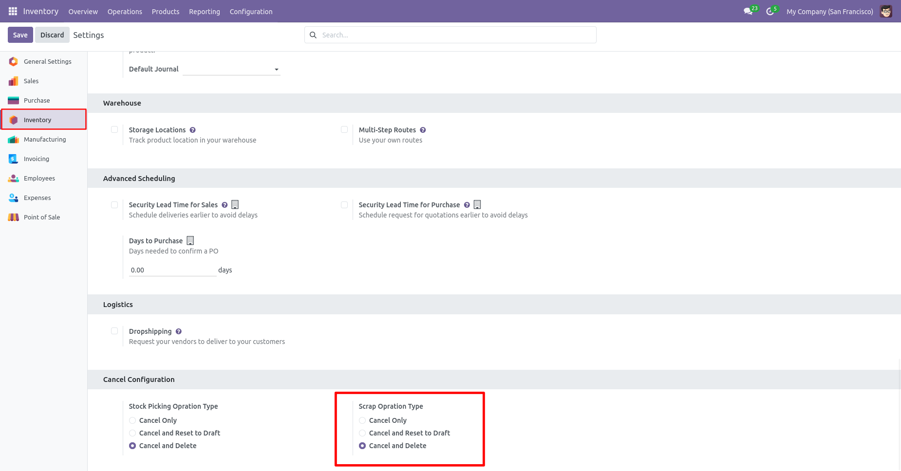 Scrap order cancellation and delete configuration