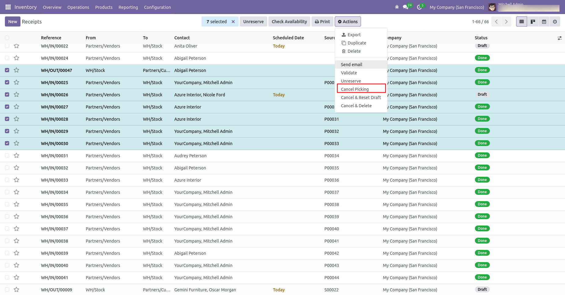 Multiple inventory transfers selected