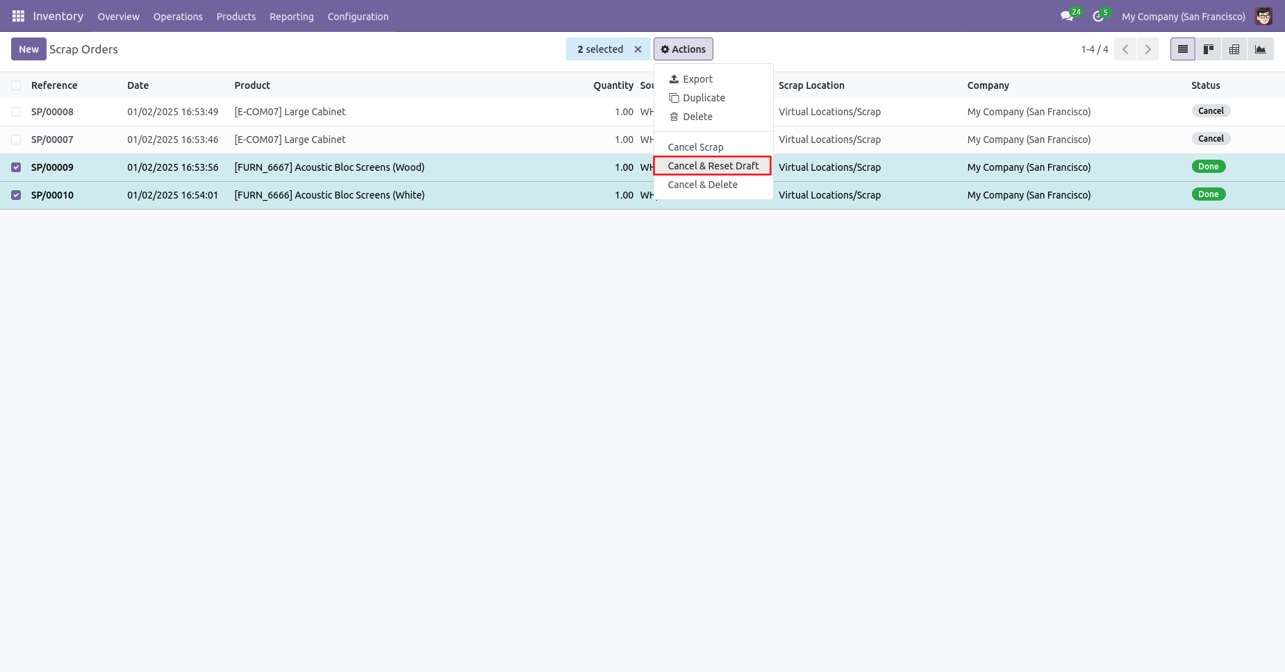 Scrap orders selected to reset to draft