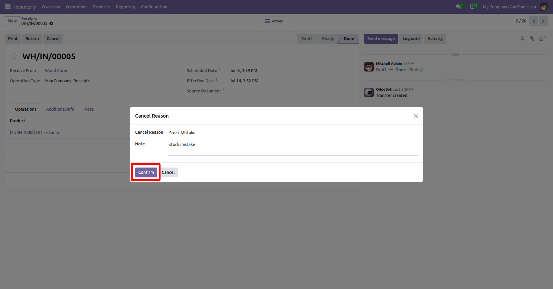 Inventory transfer cancellation reason wizard