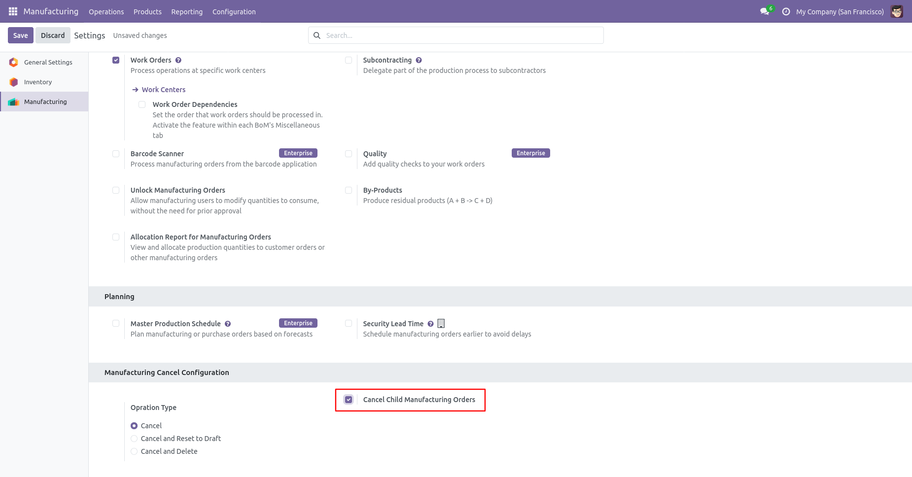 Child manufacturing order cancellation setting