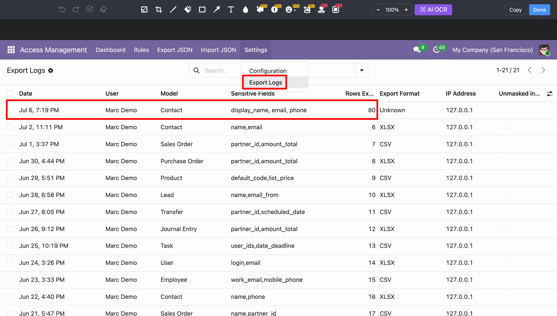 Odoo AMS Export Logs