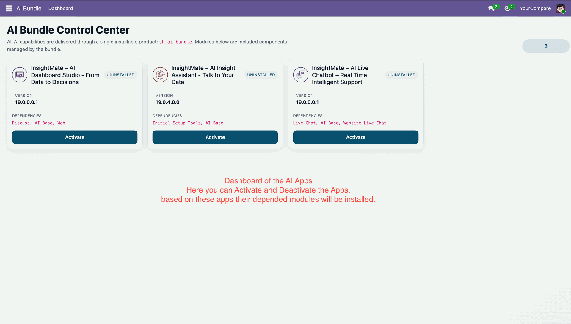 InsightMate AI Bundle control center in Odoo ERP
