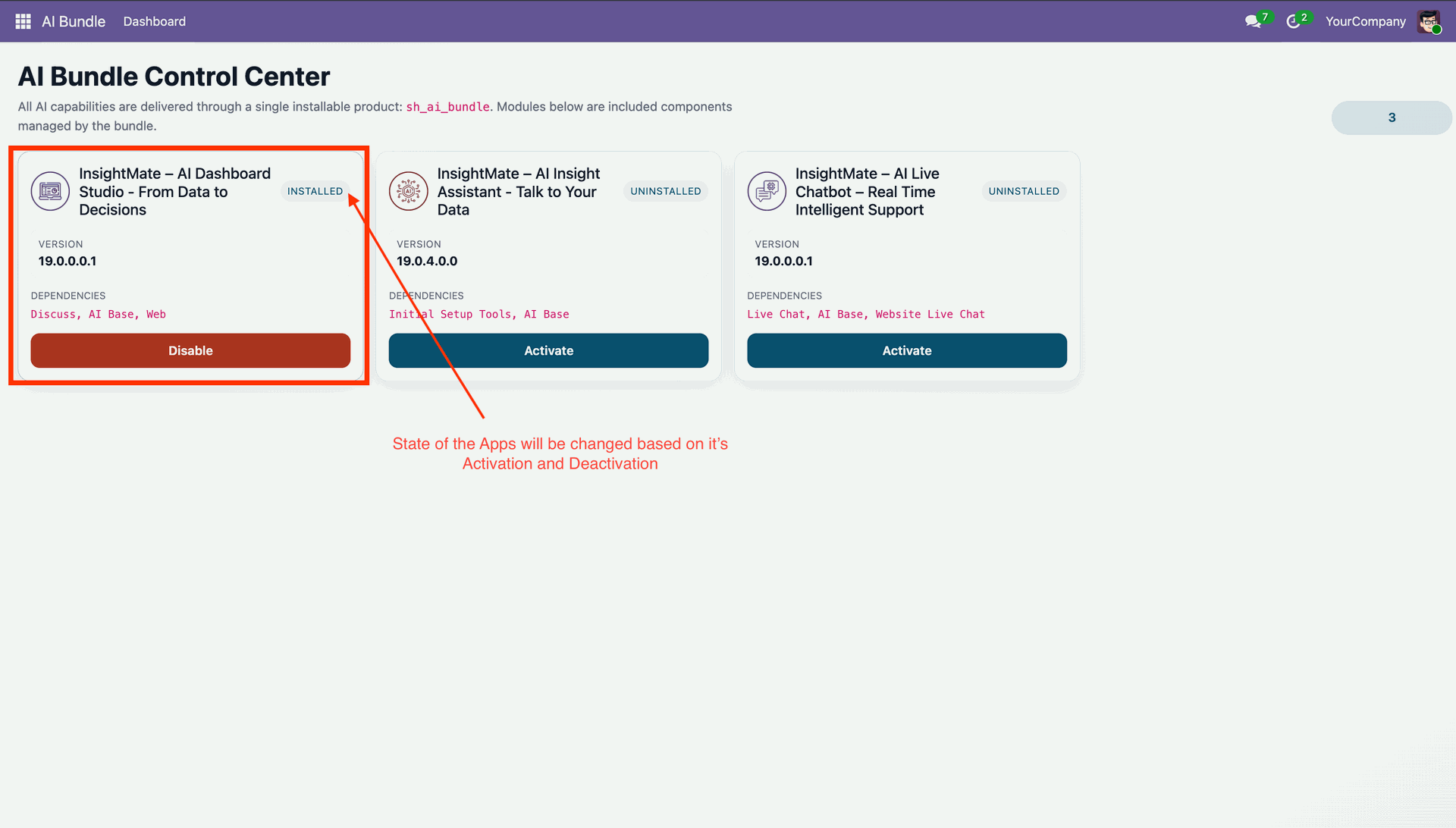 InsightMate AI Bundle app activation control in Odoo ERP