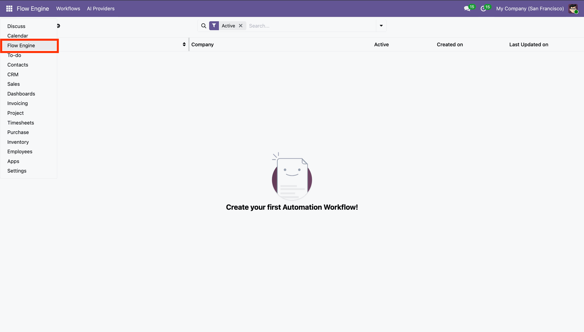 Open Flow Engine menu for workflow automation
