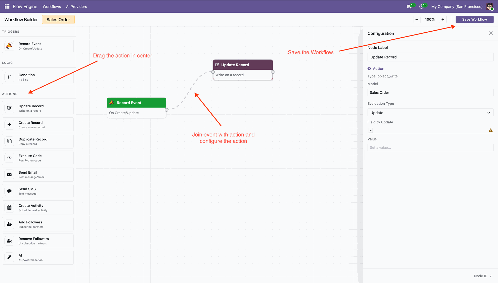 Connect workflow nodes and save automation flow