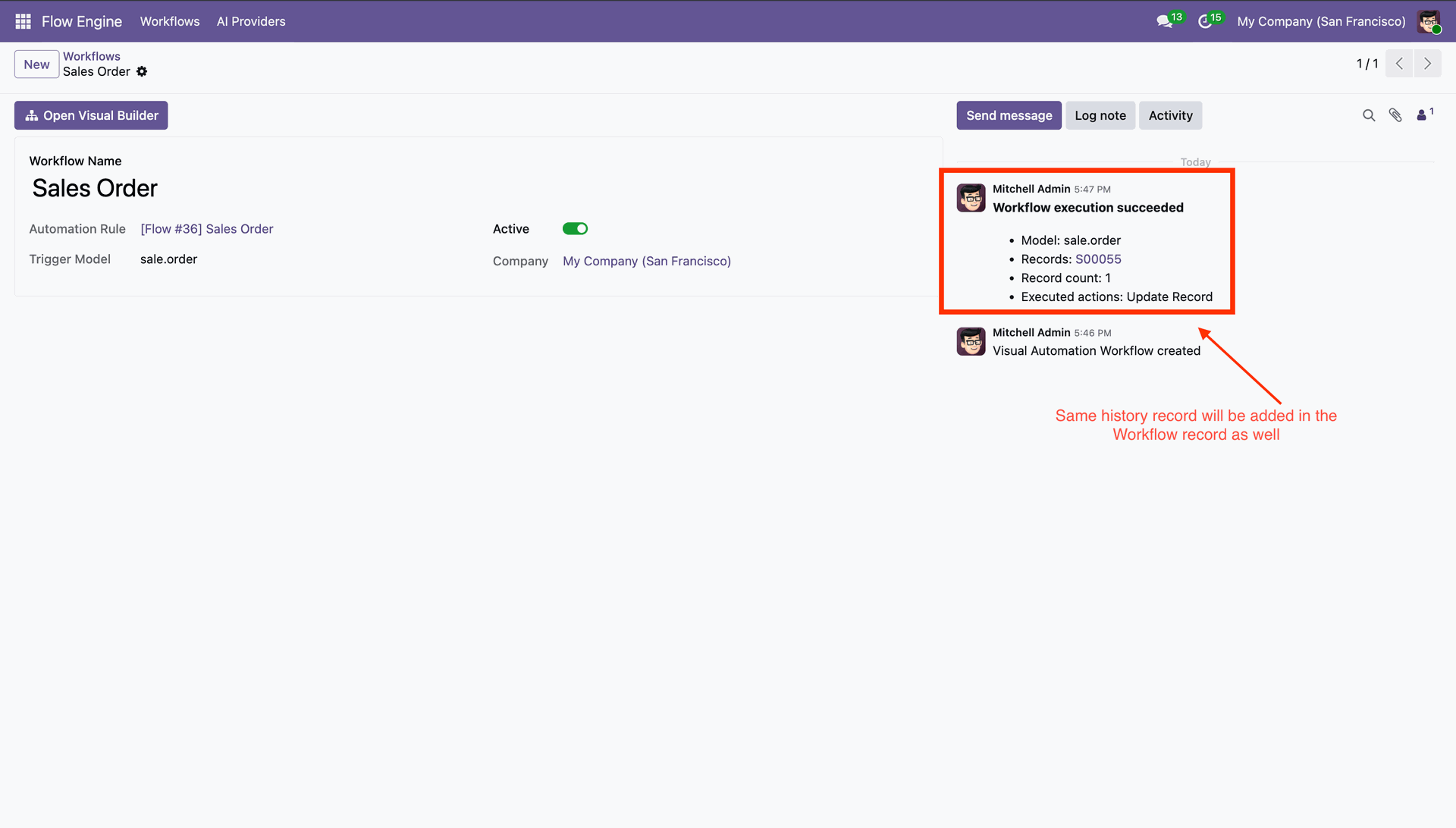 Workflow execution history recorded in chatter