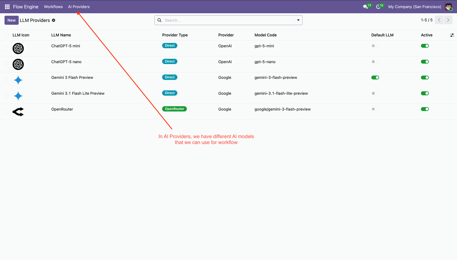 View AI providers available for workflow automation