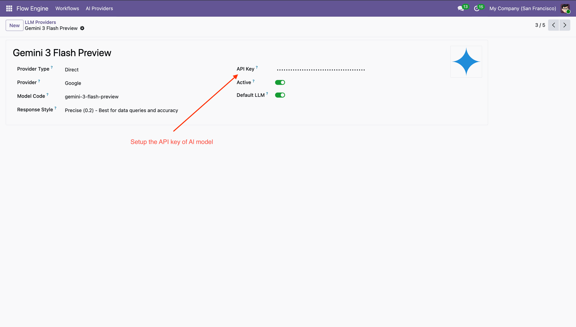 Configure API key for AI workflow provider