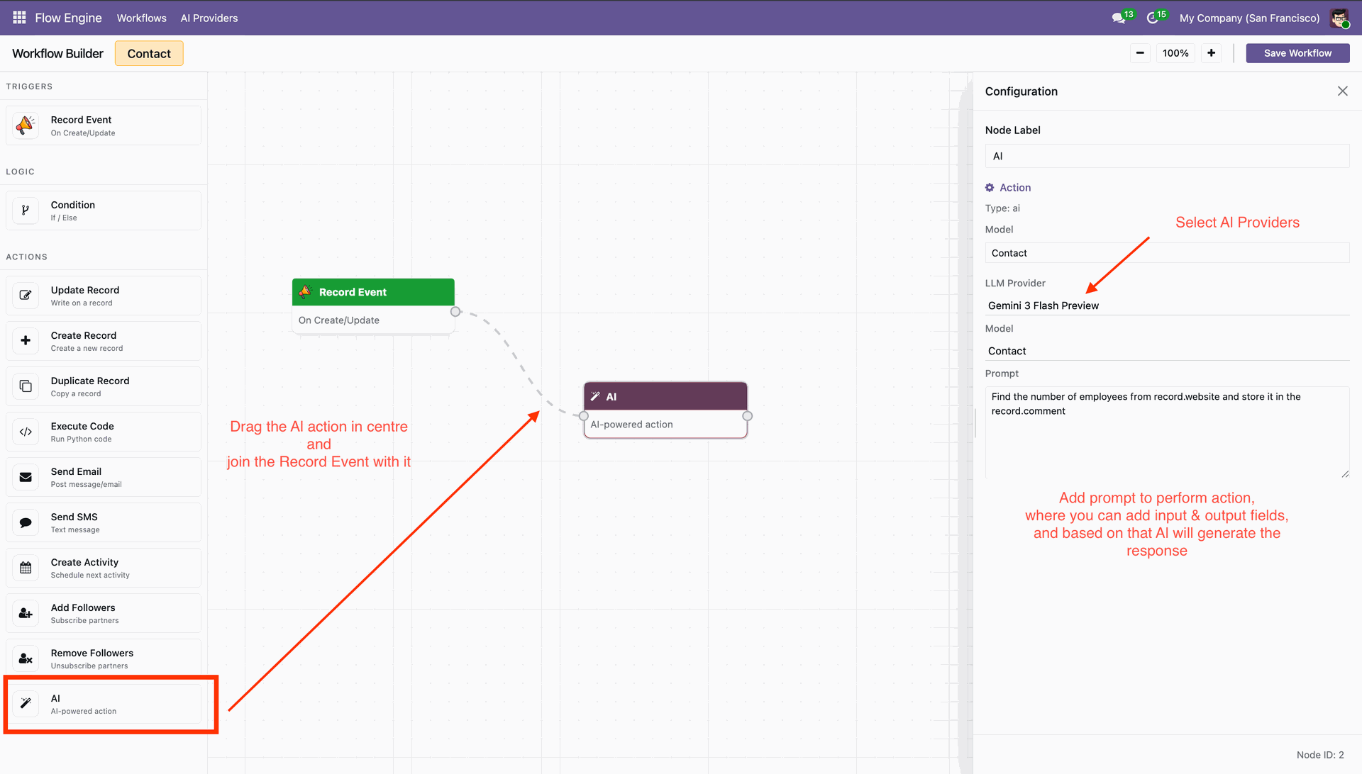 Configure AI action node in workflow builder