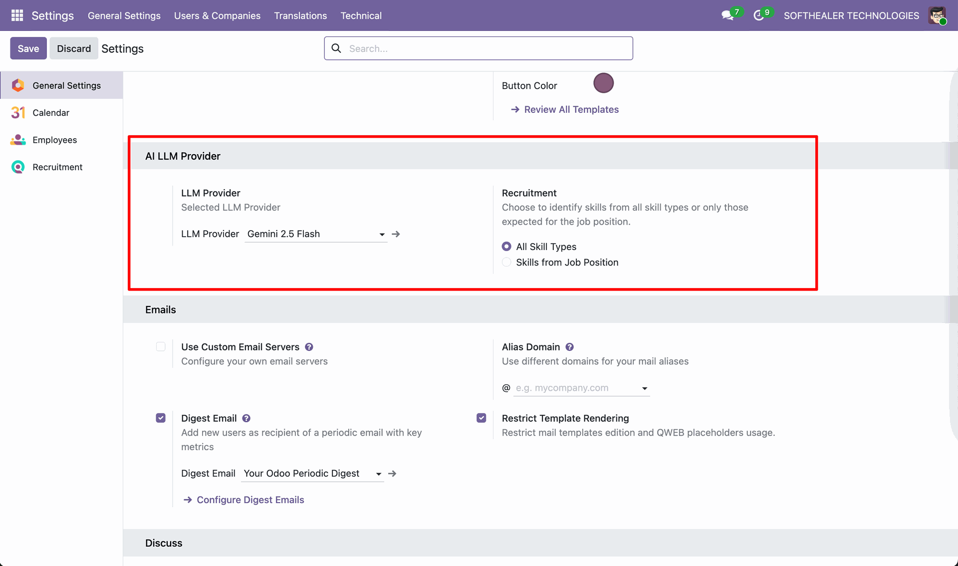 Configure LLM provider and recruitment skill settings