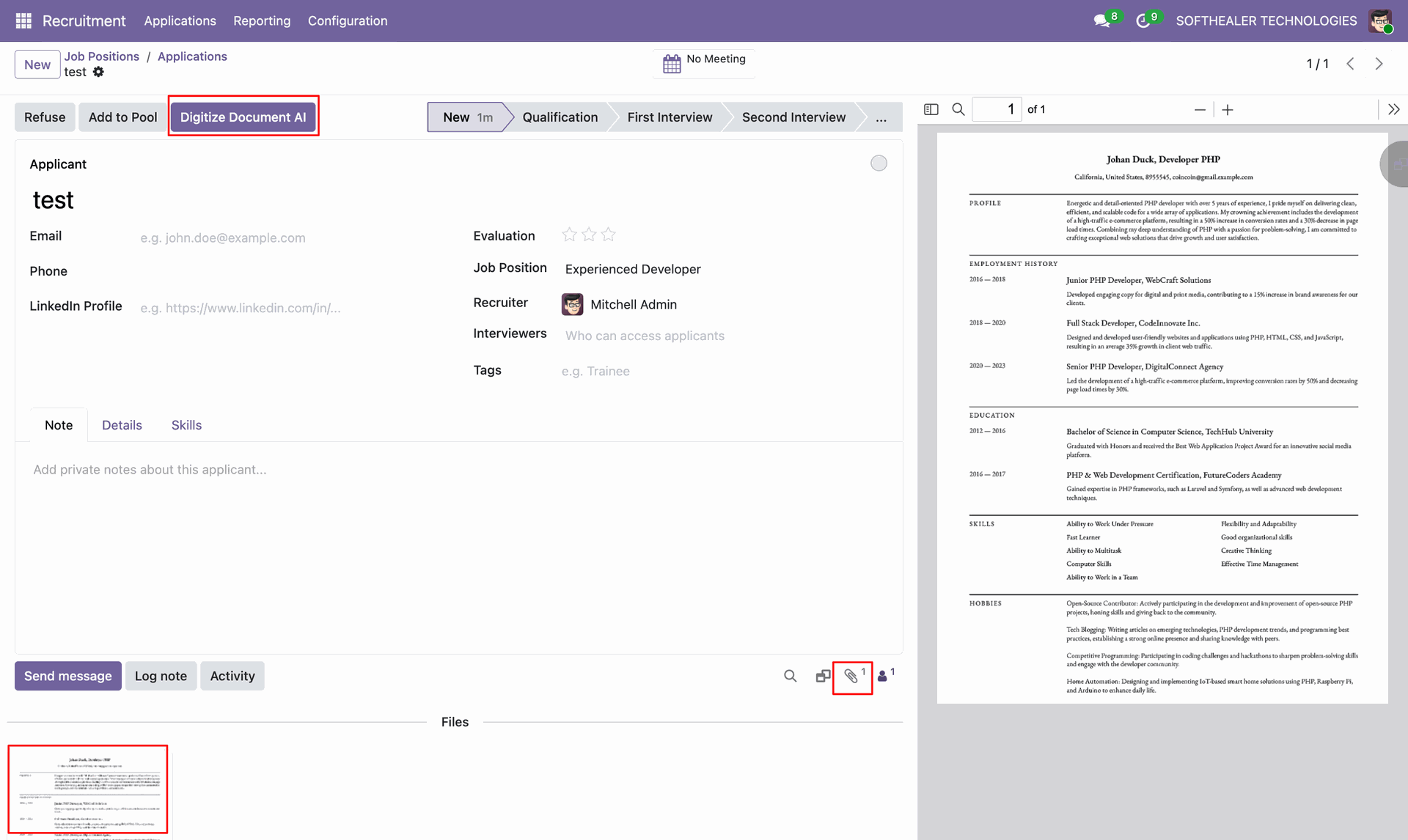 Process resume with AI document digitization