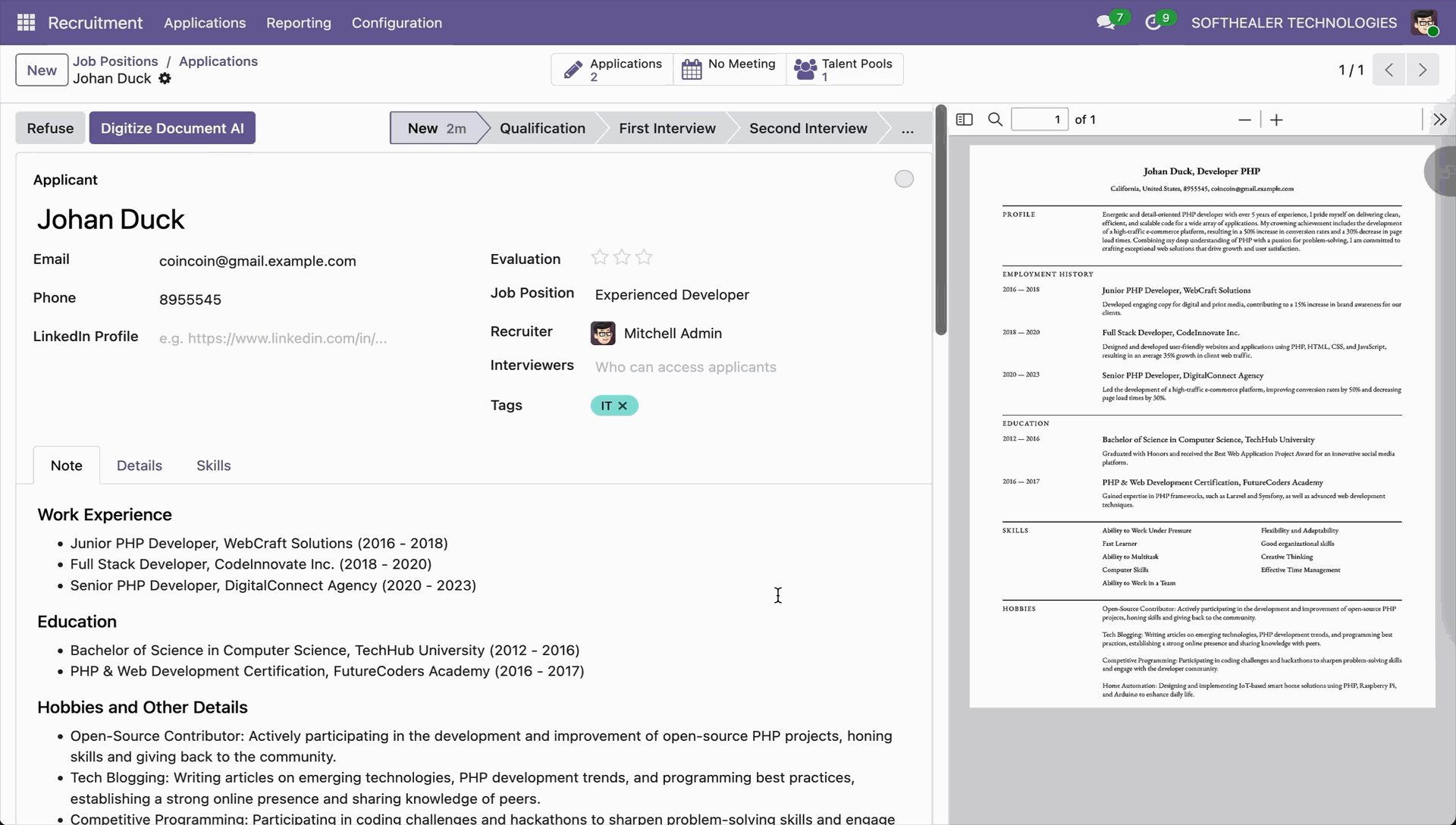 Review AI resume analysis with skills summary
