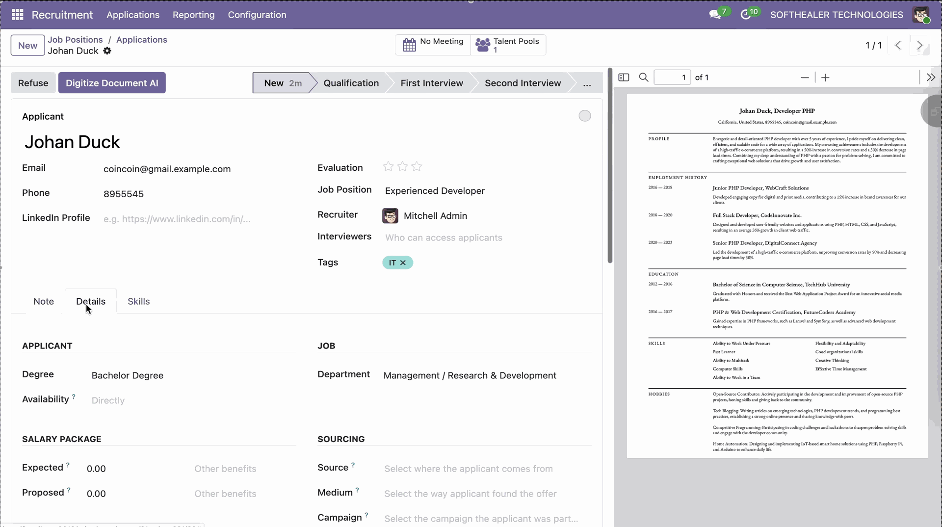 View candidate details from AI resume extraction