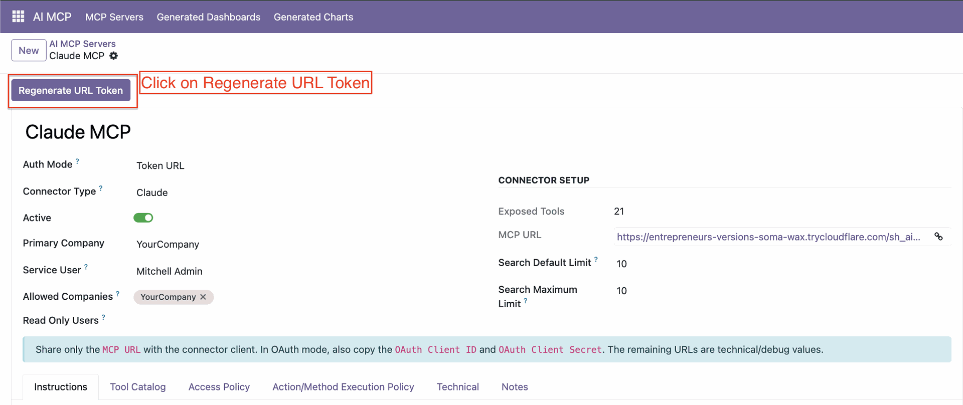 Regenerate secure token URL for MCP access