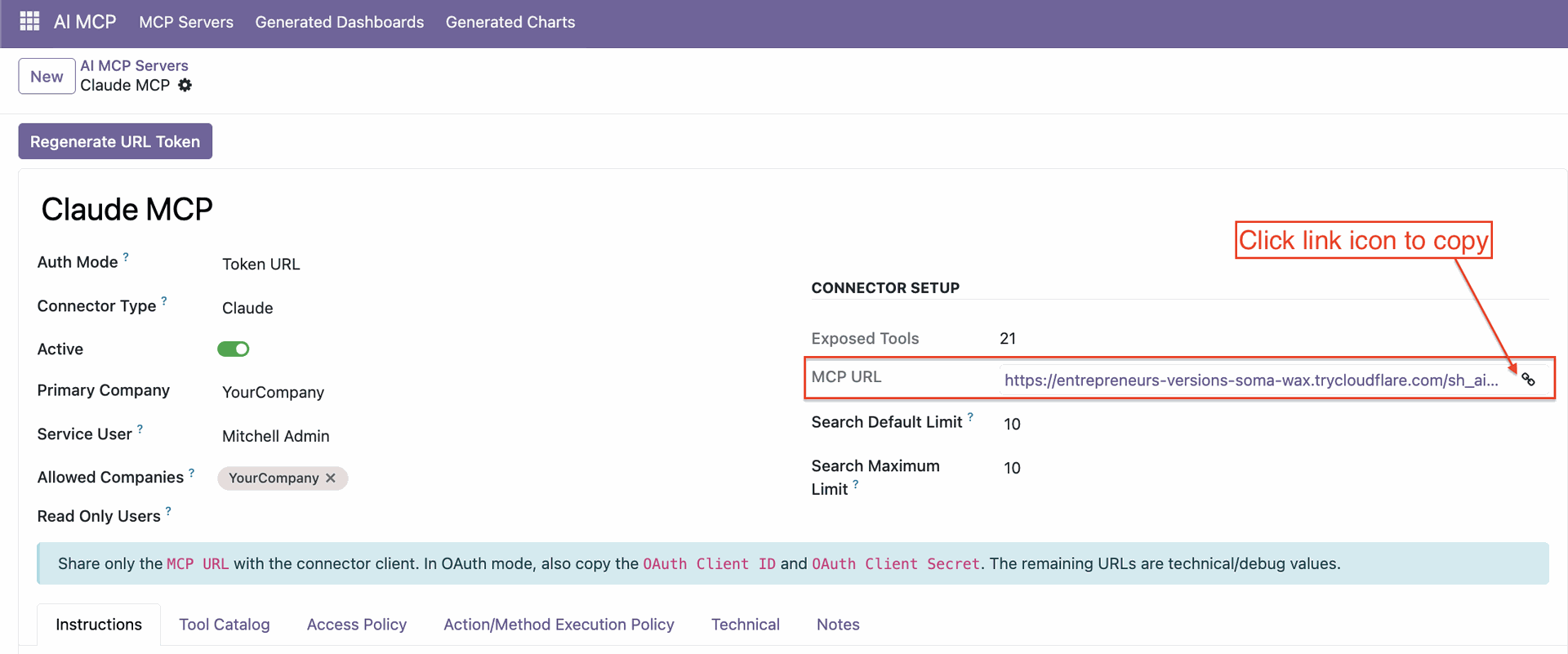 Copy MCP server token URL for connection