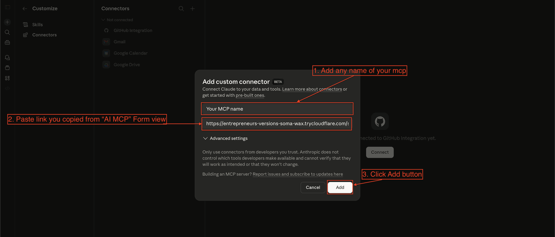 Configure MCP connector name and URL