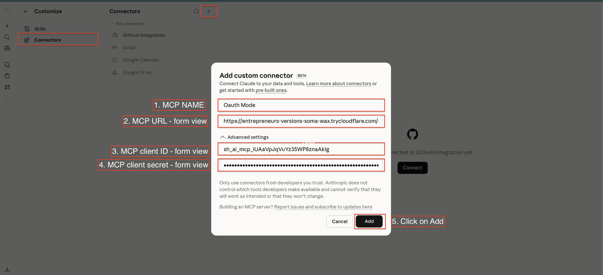 Configure OAuth connector details for MCP