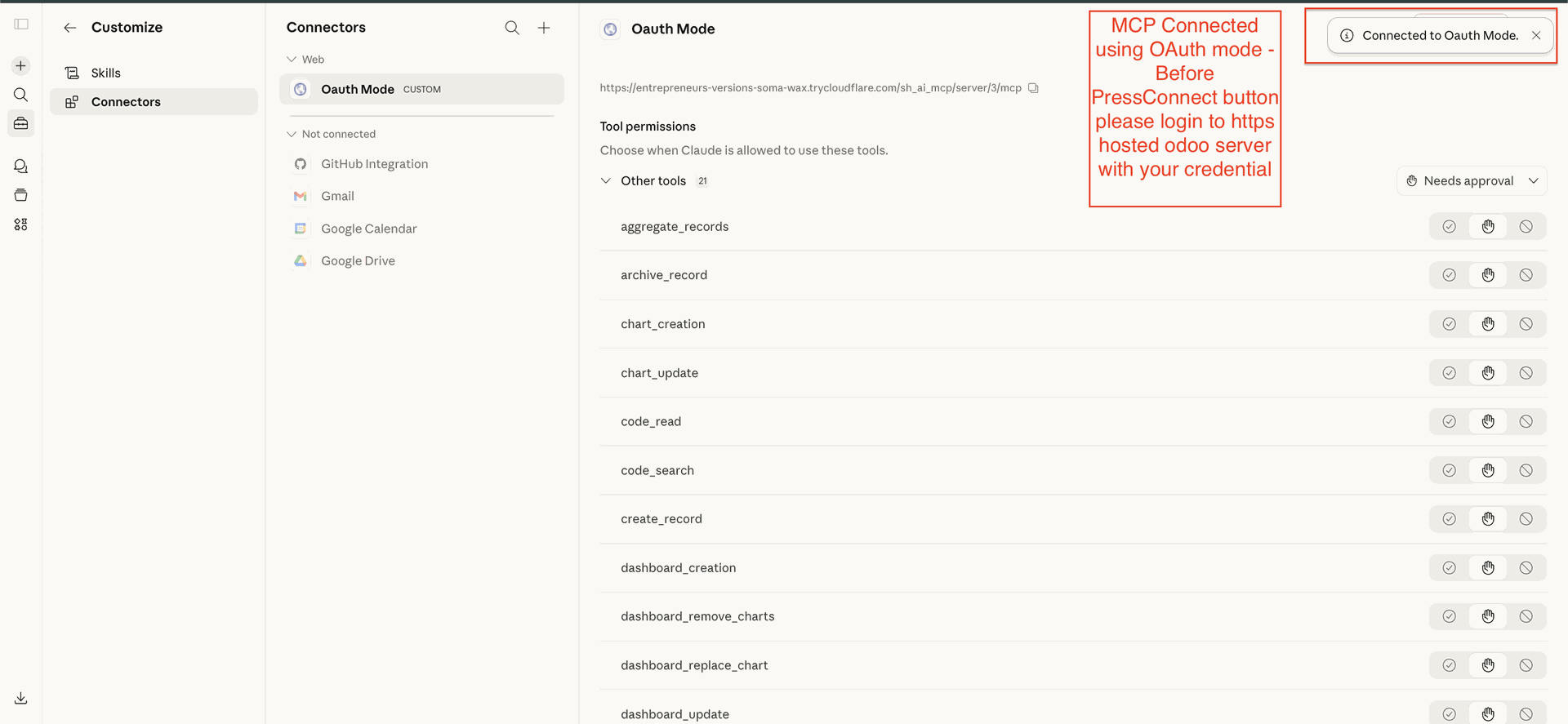 View MCP OAuth connection status and details