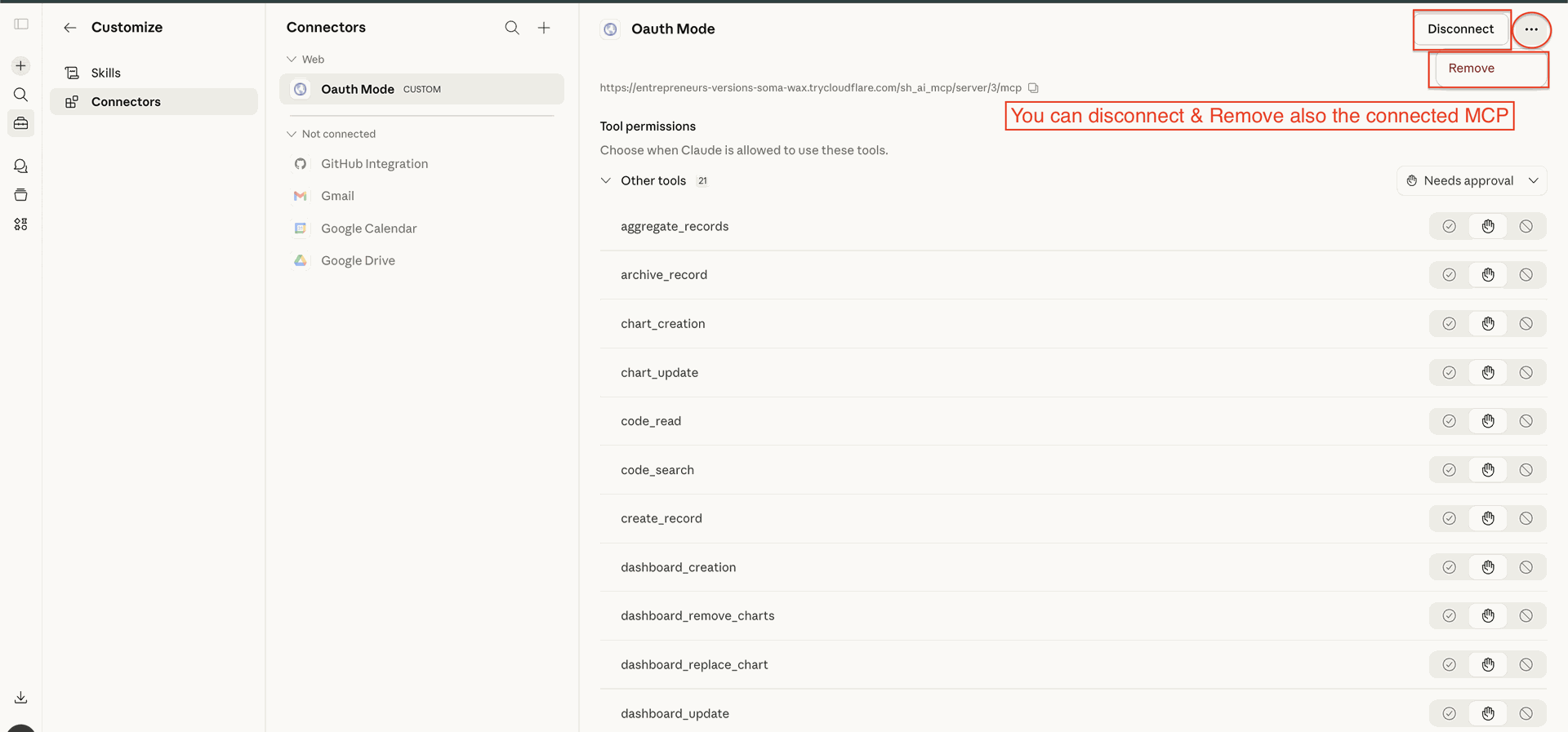 Disconnect or remove MCP server connection