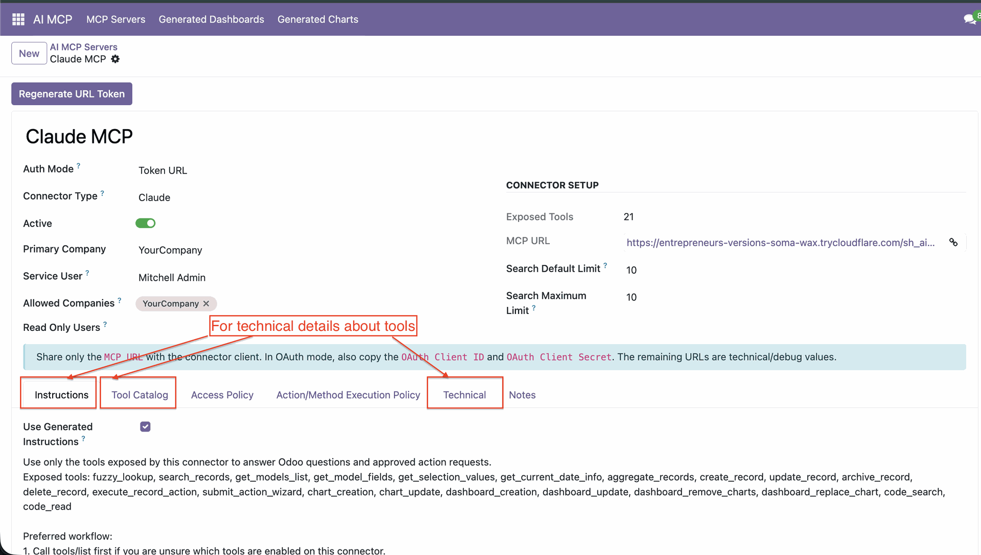 Review MCP server technical configuration tabs