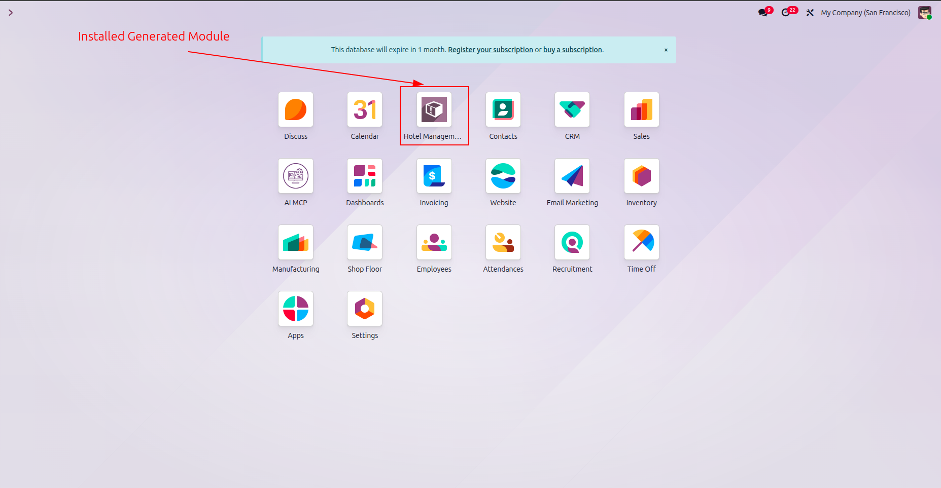 Open installed custom module from dashboard