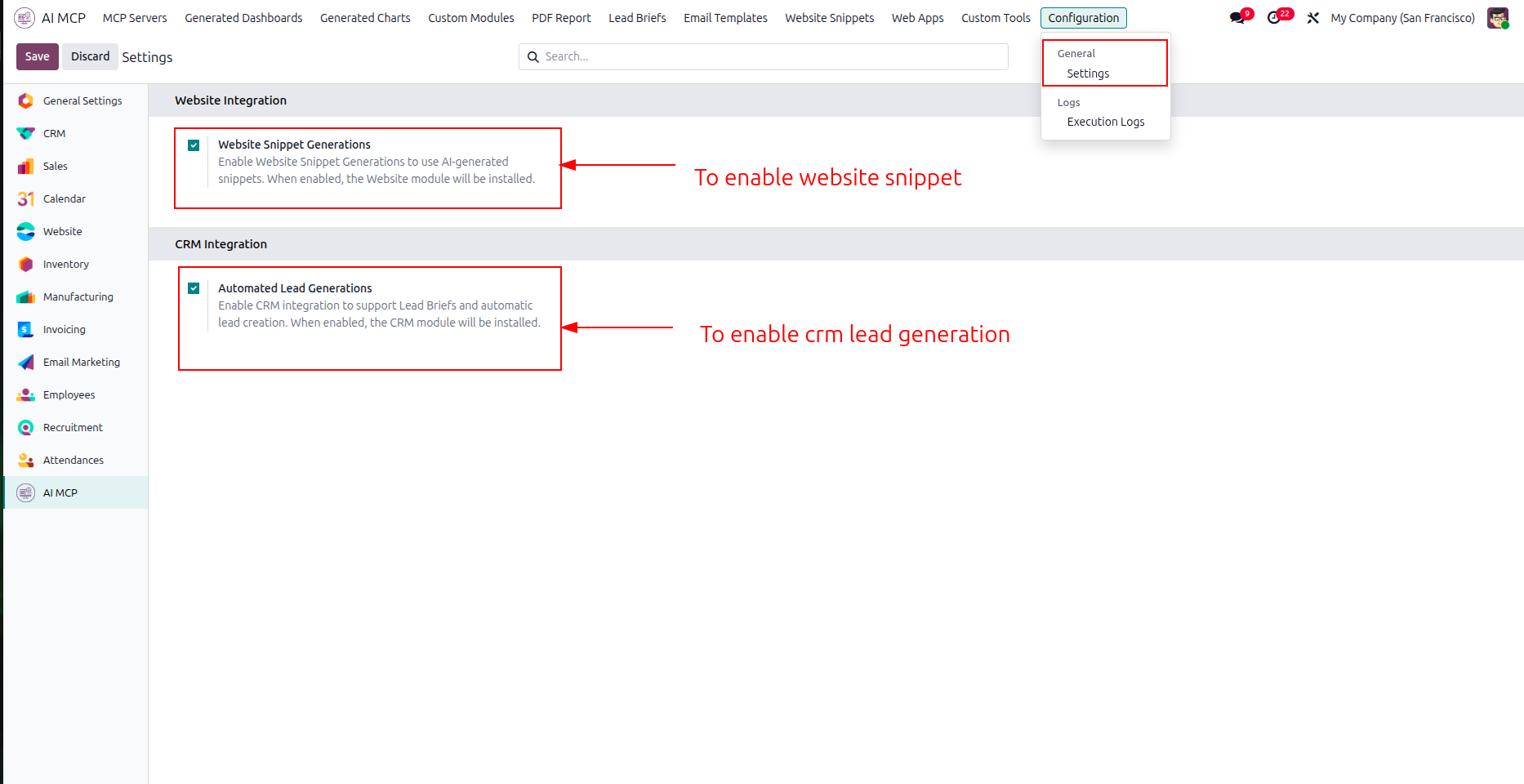 Enable AI website snippet generation settings