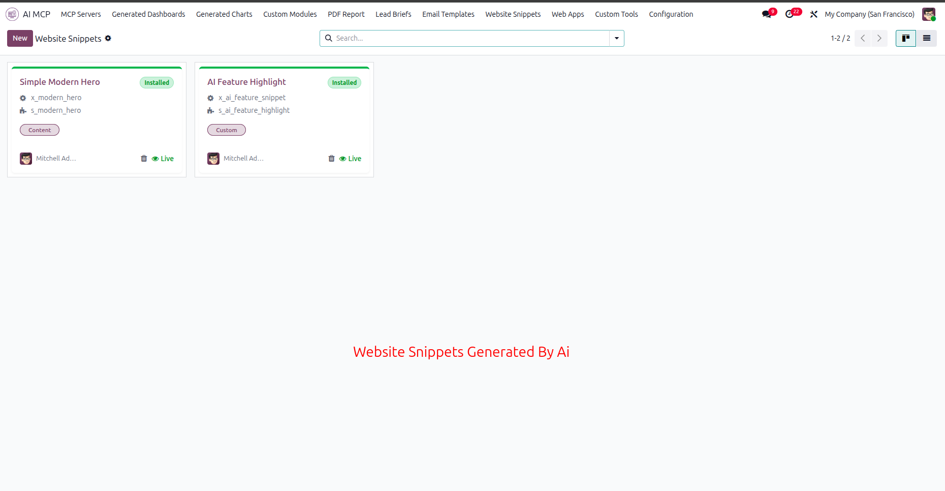 View AI generated website snippets dashboard