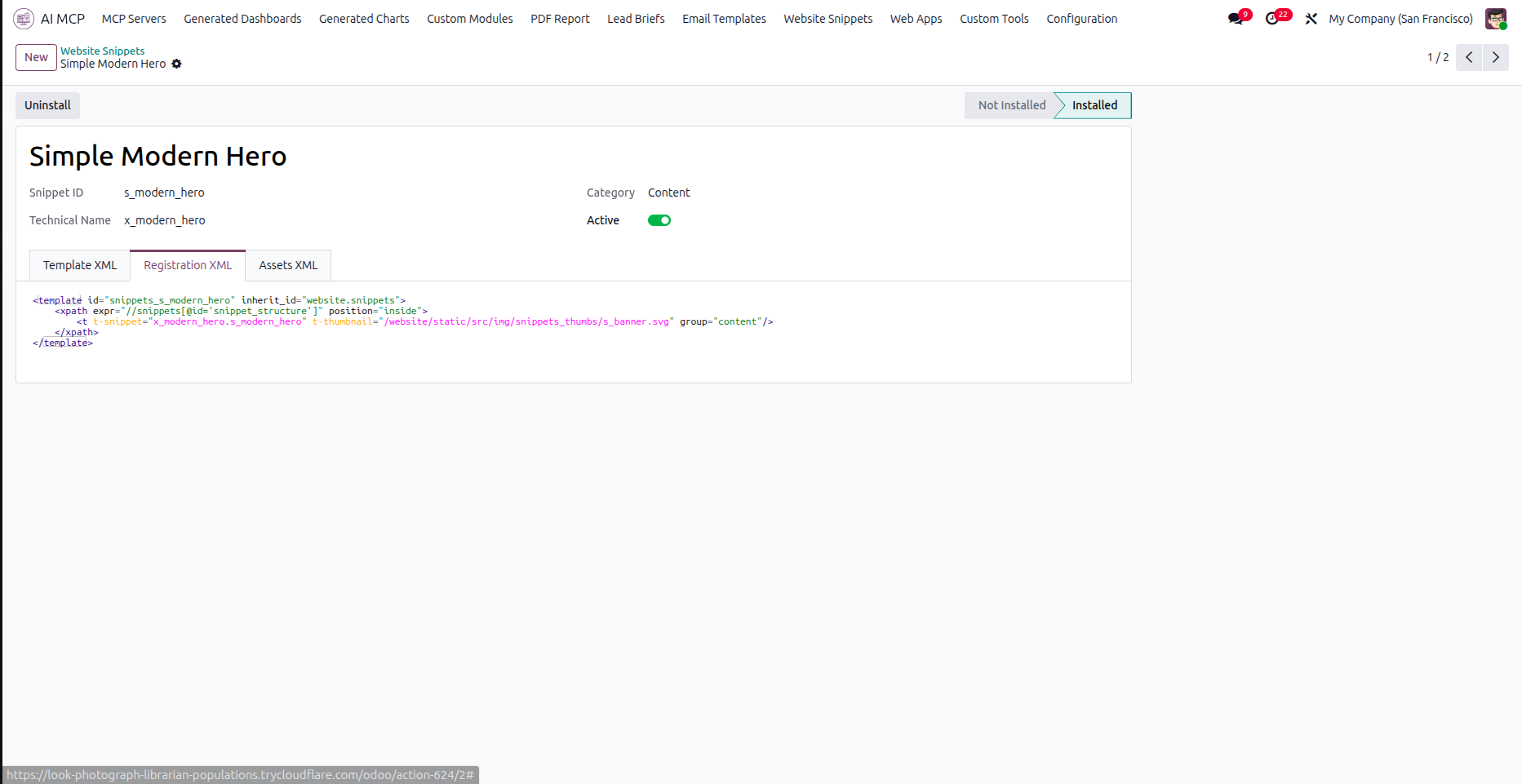 Inspect website snippet registration XML
