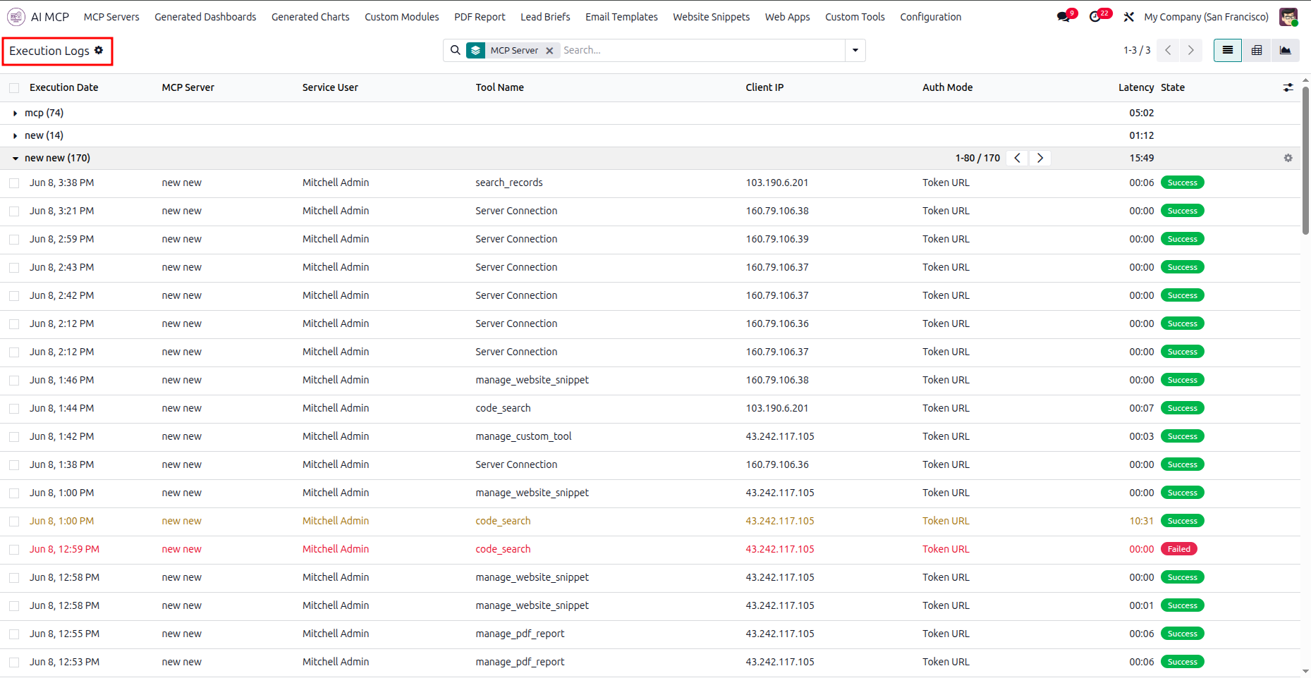 Review AI tool execution logs and activity