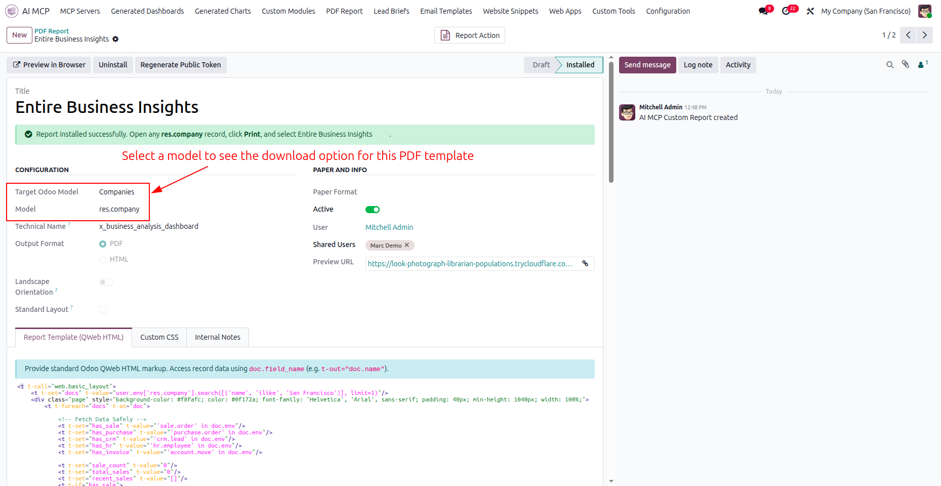 Select Odoo model for custom PDF reporting