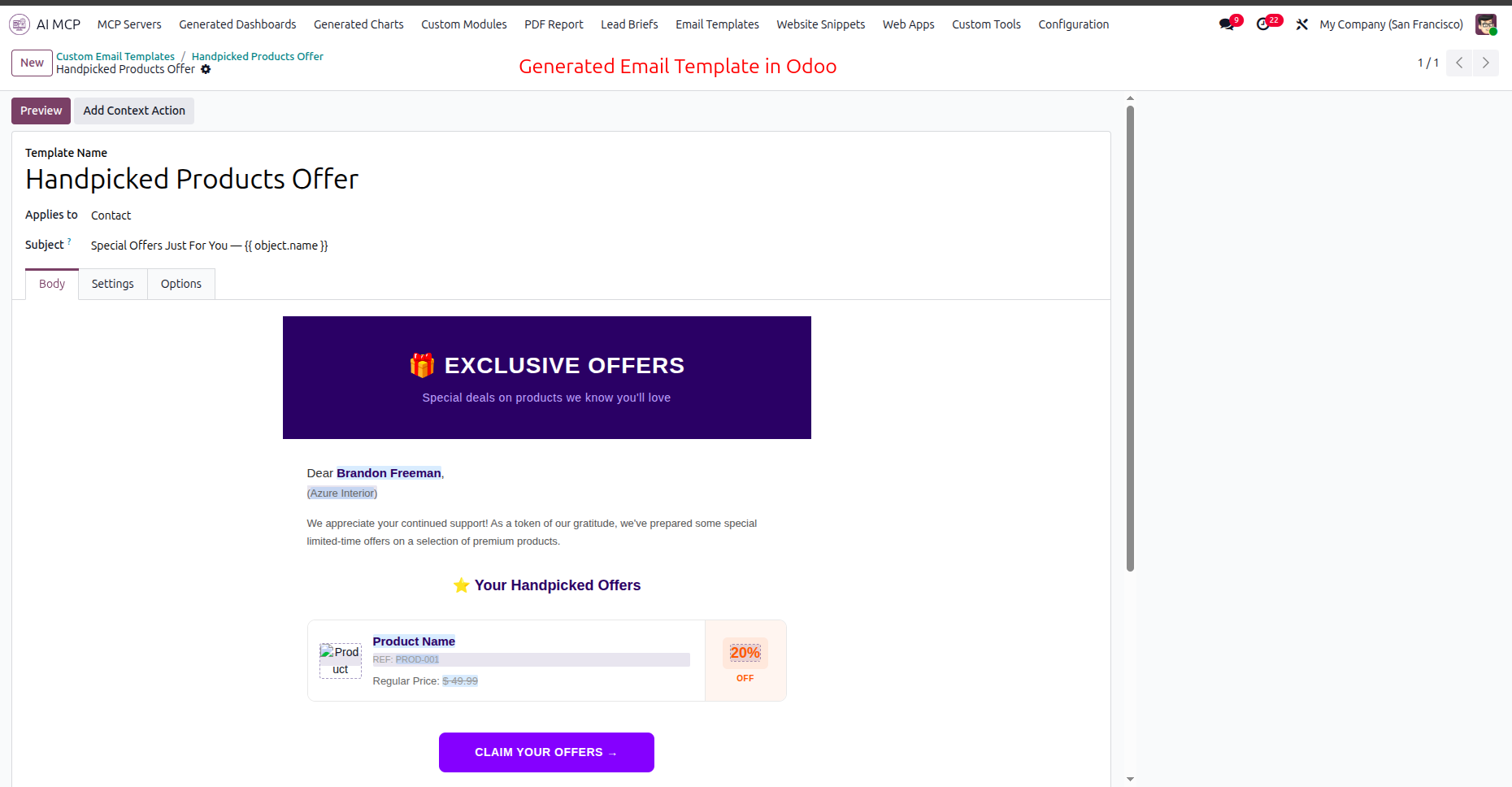 Review email template in Odoo mail editor