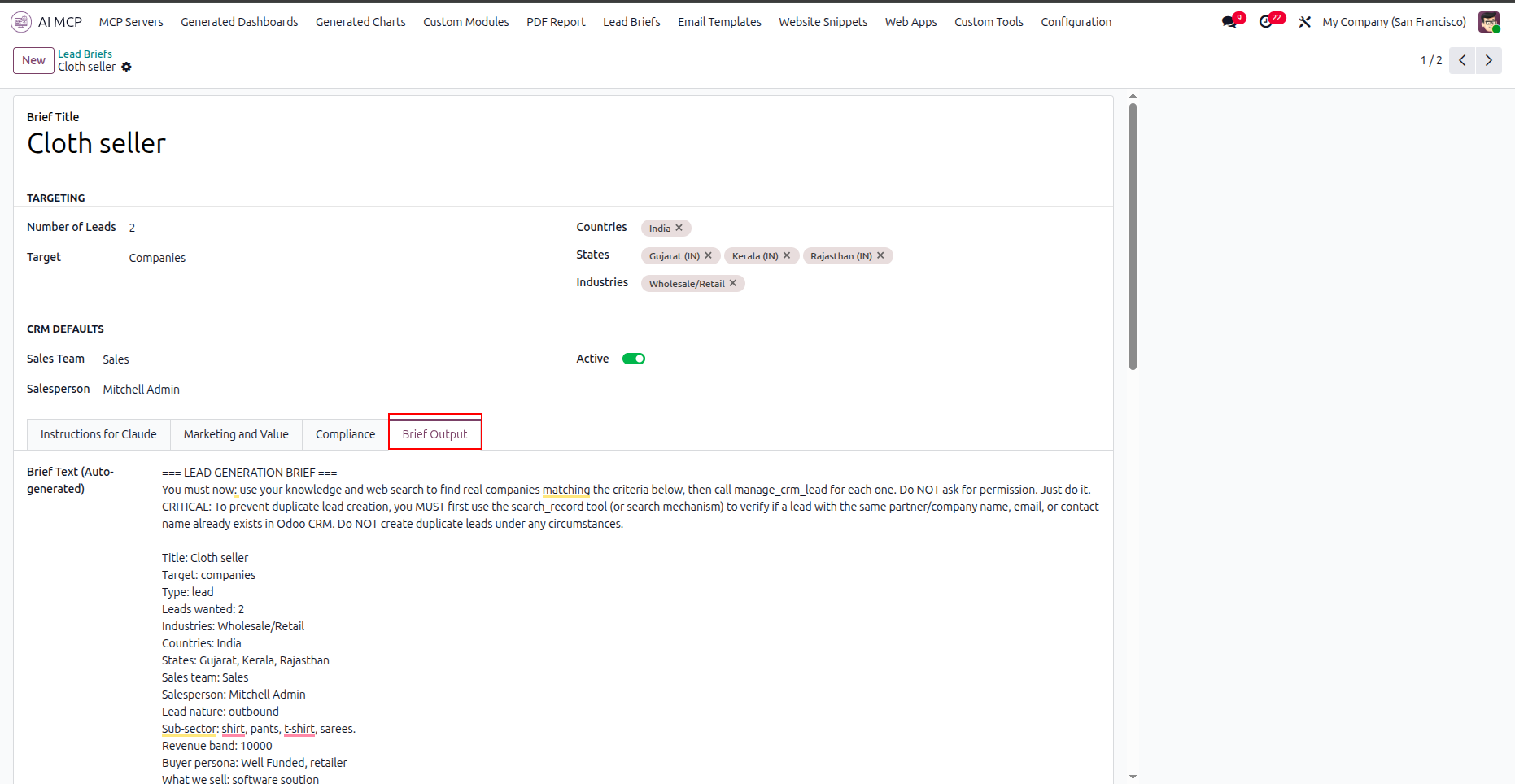 Review AI generated lead brief output