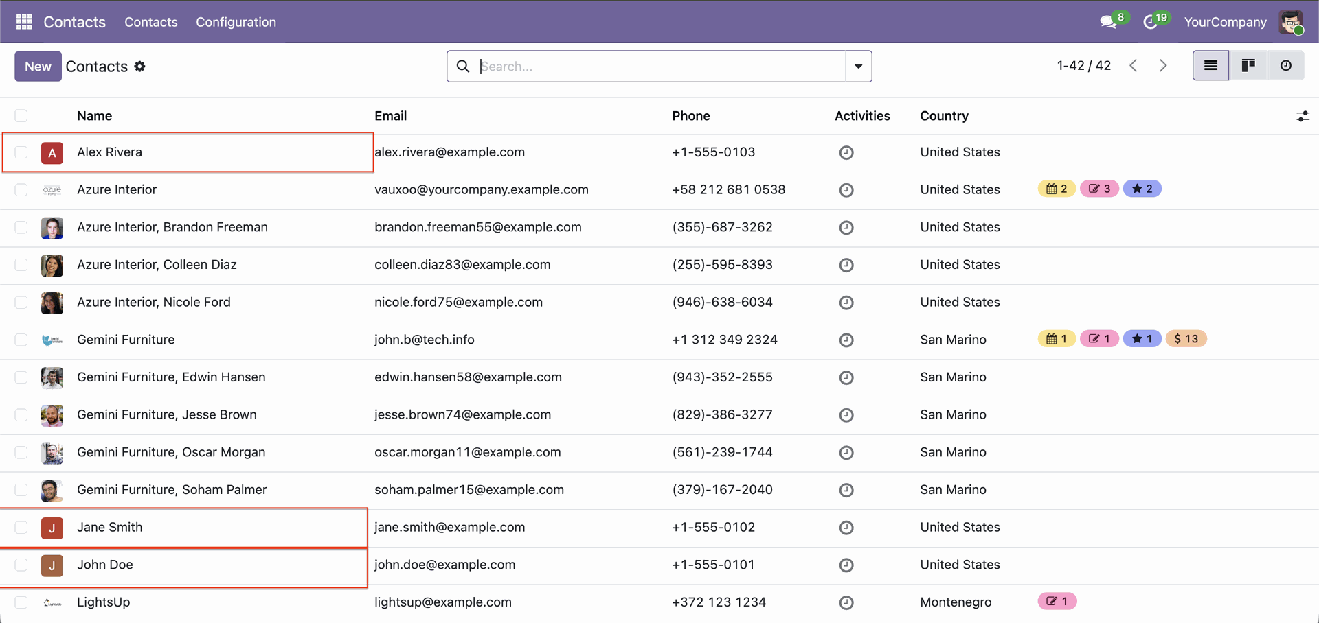 View bulk created contact records in Odoo