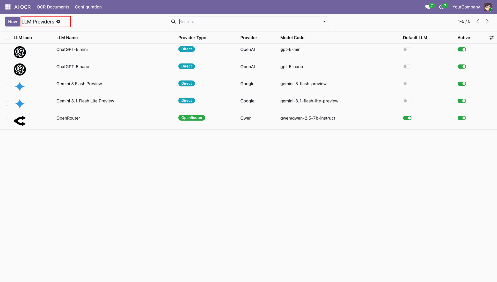 View configured LLM providers for AI OCR processing