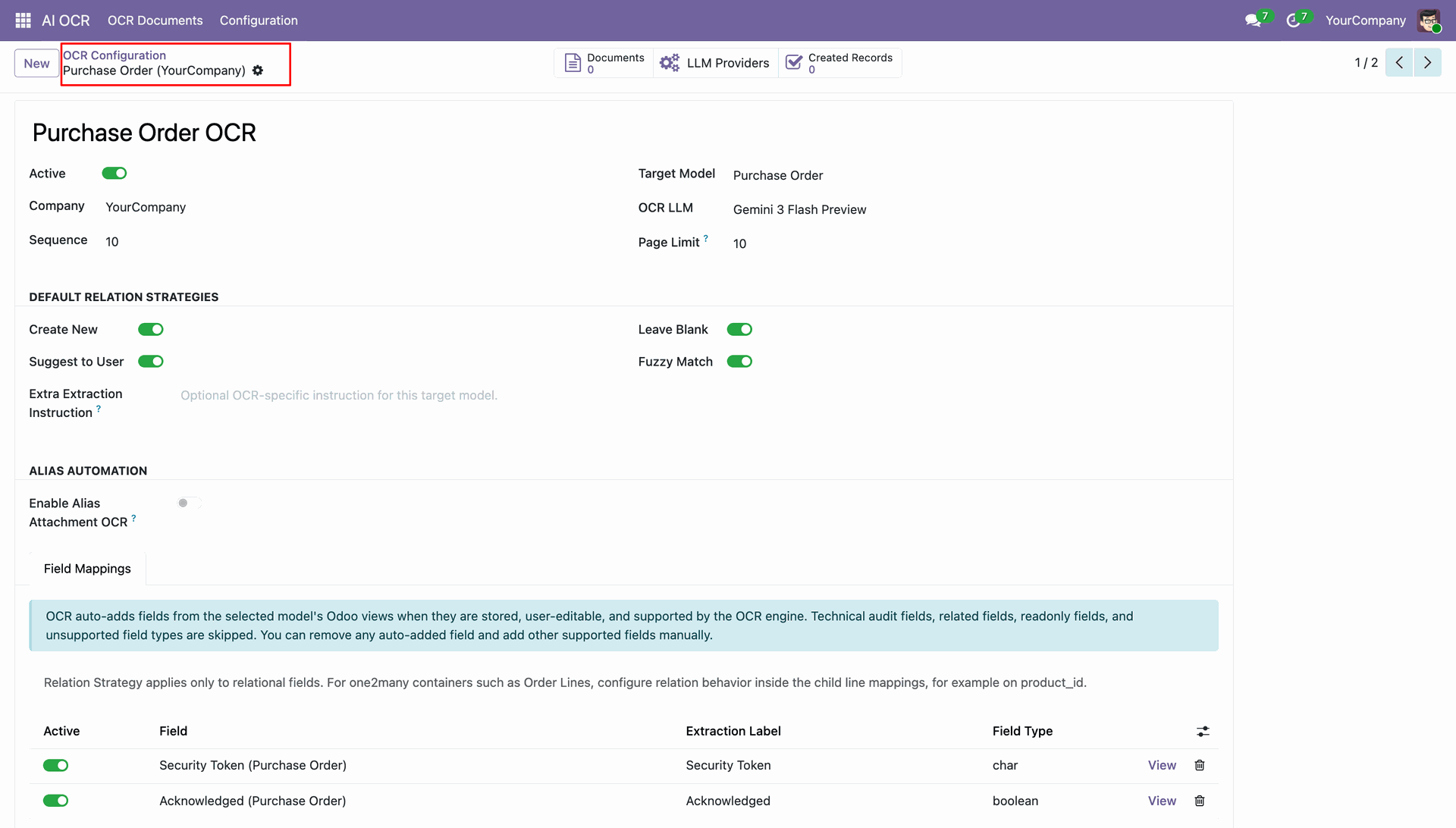 Configure purchase order OCR field mappings
