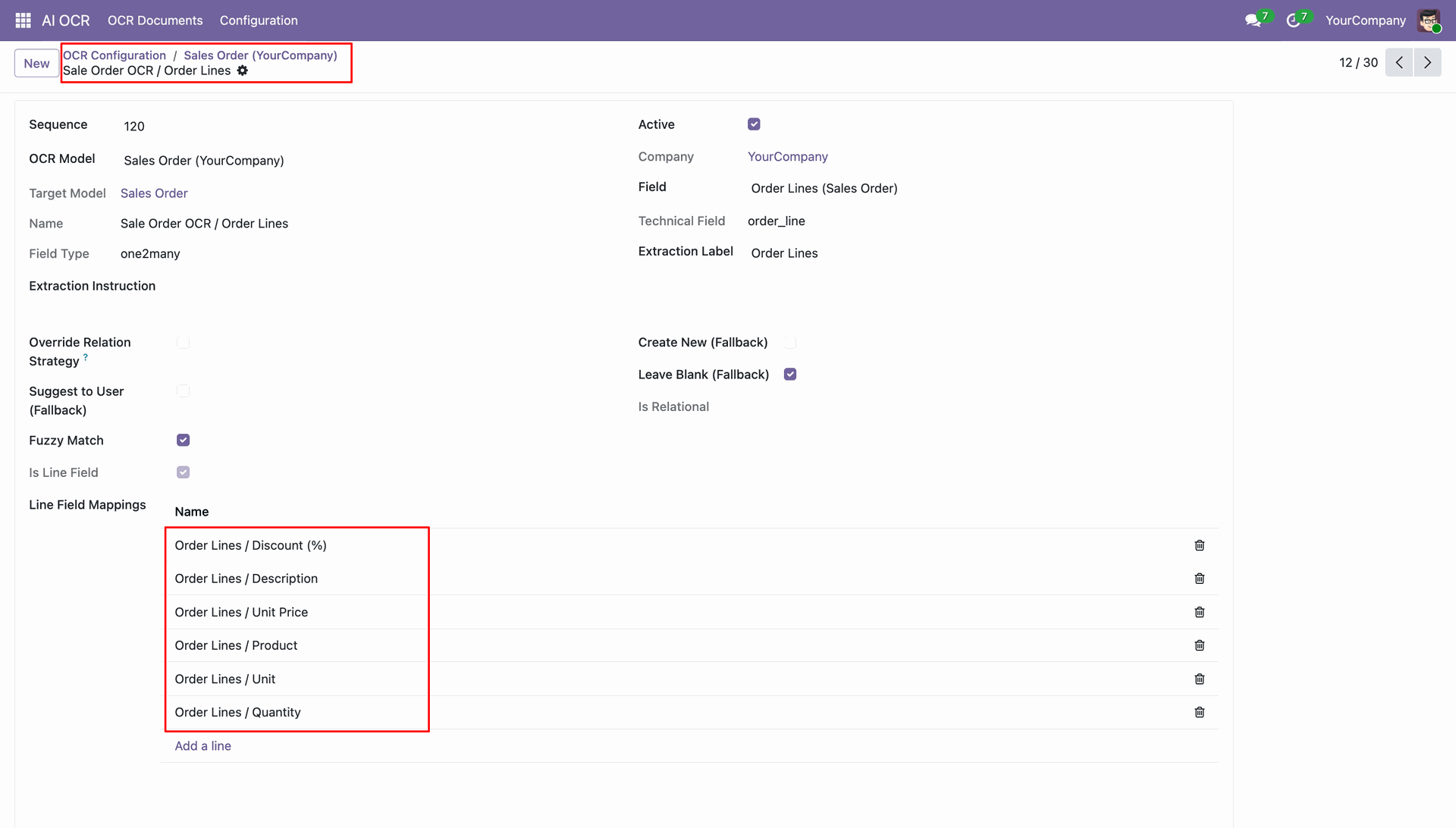 Map order line fields for AI OCR extraction