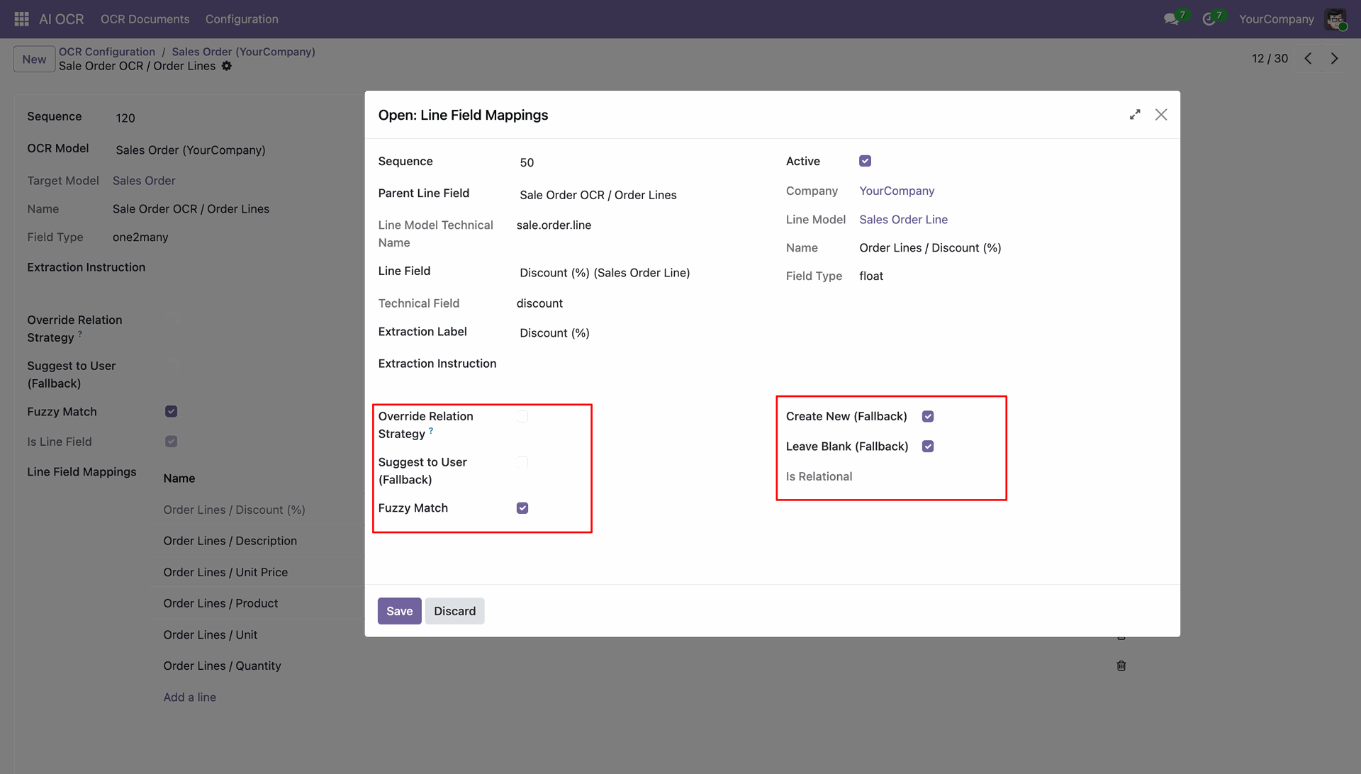 Configure OCR line field mapping wizard
