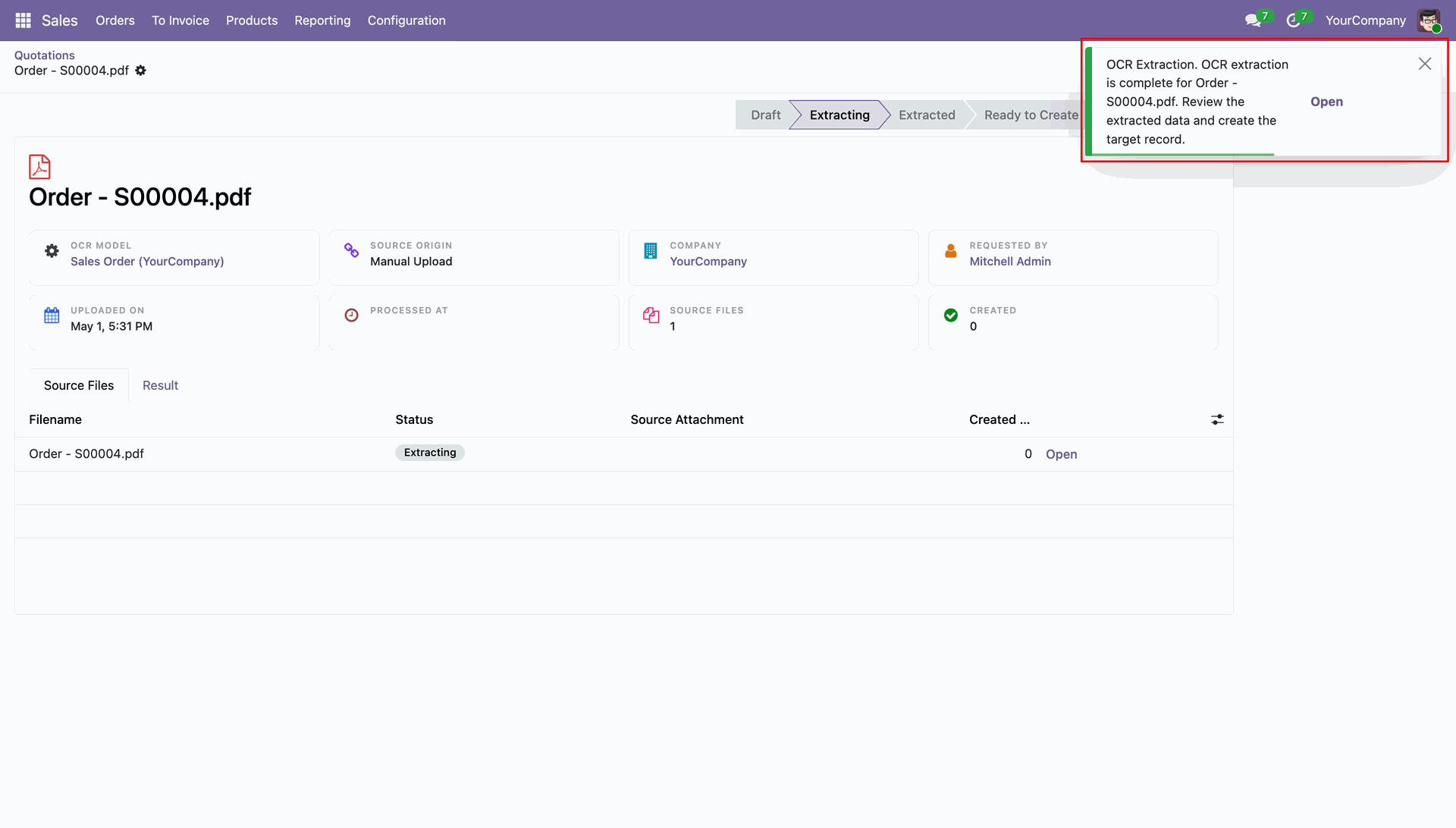 View successful AI OCR extraction notification