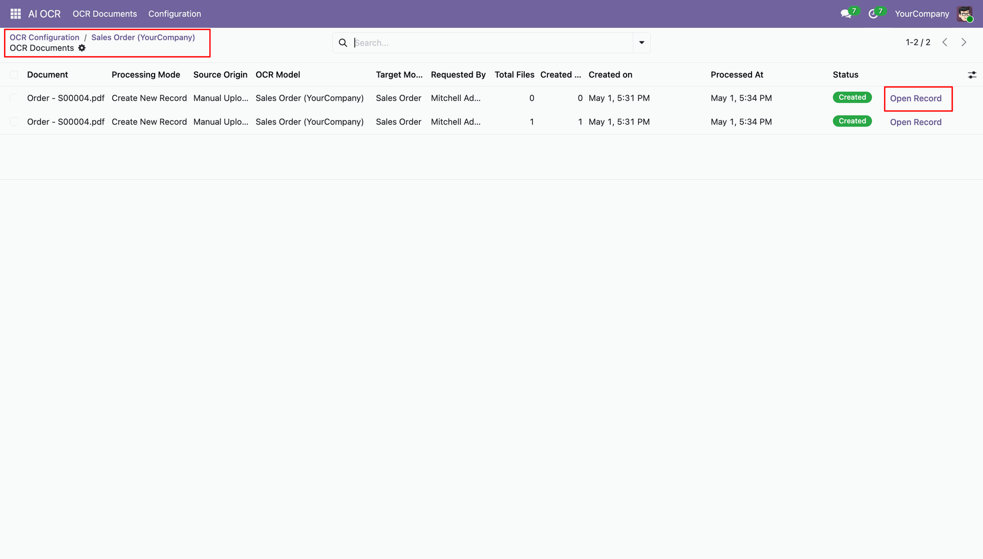 Open generated Odoo record from OCR list