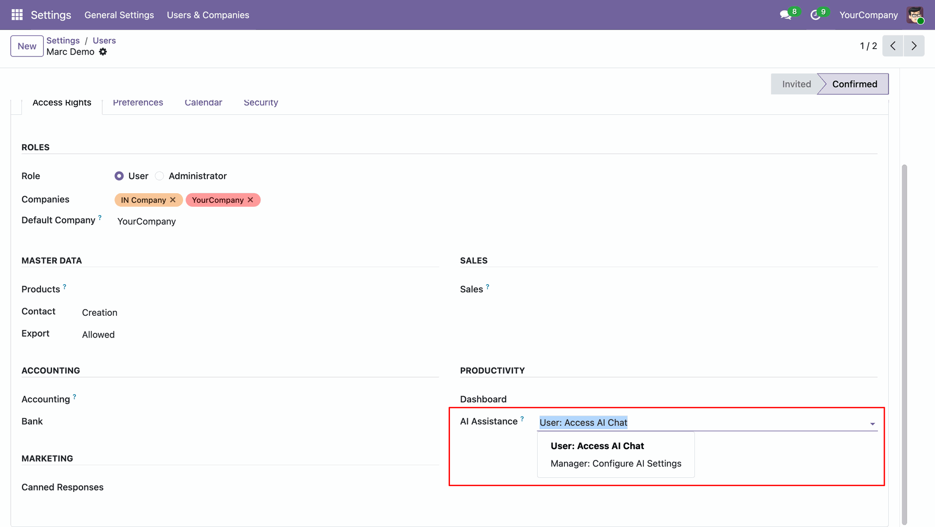 Odoo AI Assistant user access control
